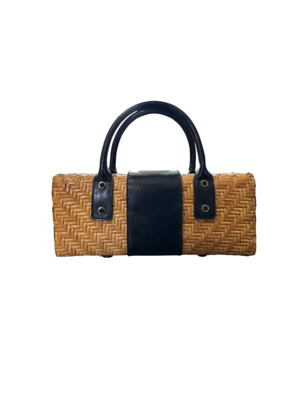 Vtg Monsac Woven Rattan Wicker & Black Leather Handbag Box Purse Top Handles